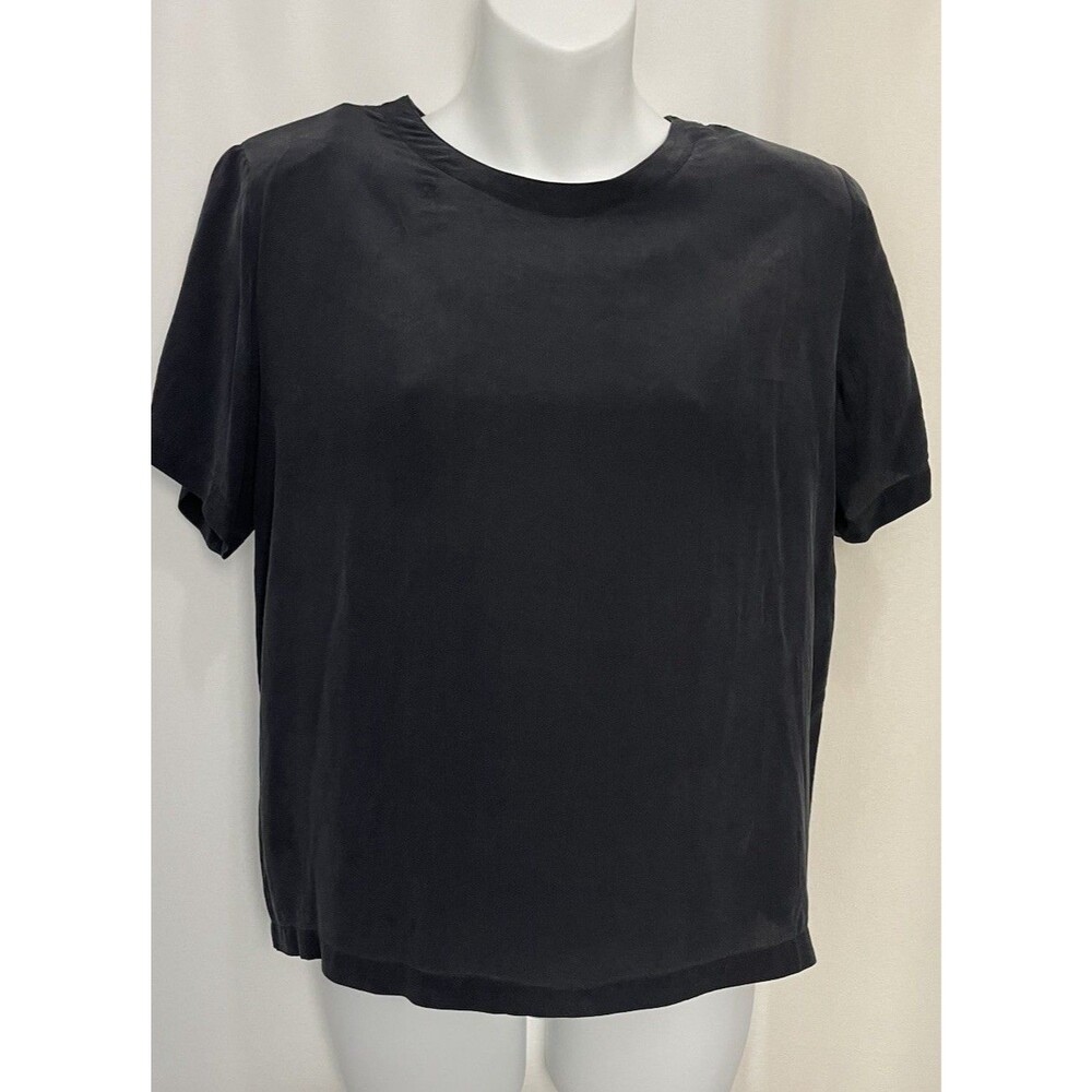 Stephanie Andrews 100% Silk Blouse W/Shoulder Pads Black Charcoal Crew Neck SZ M